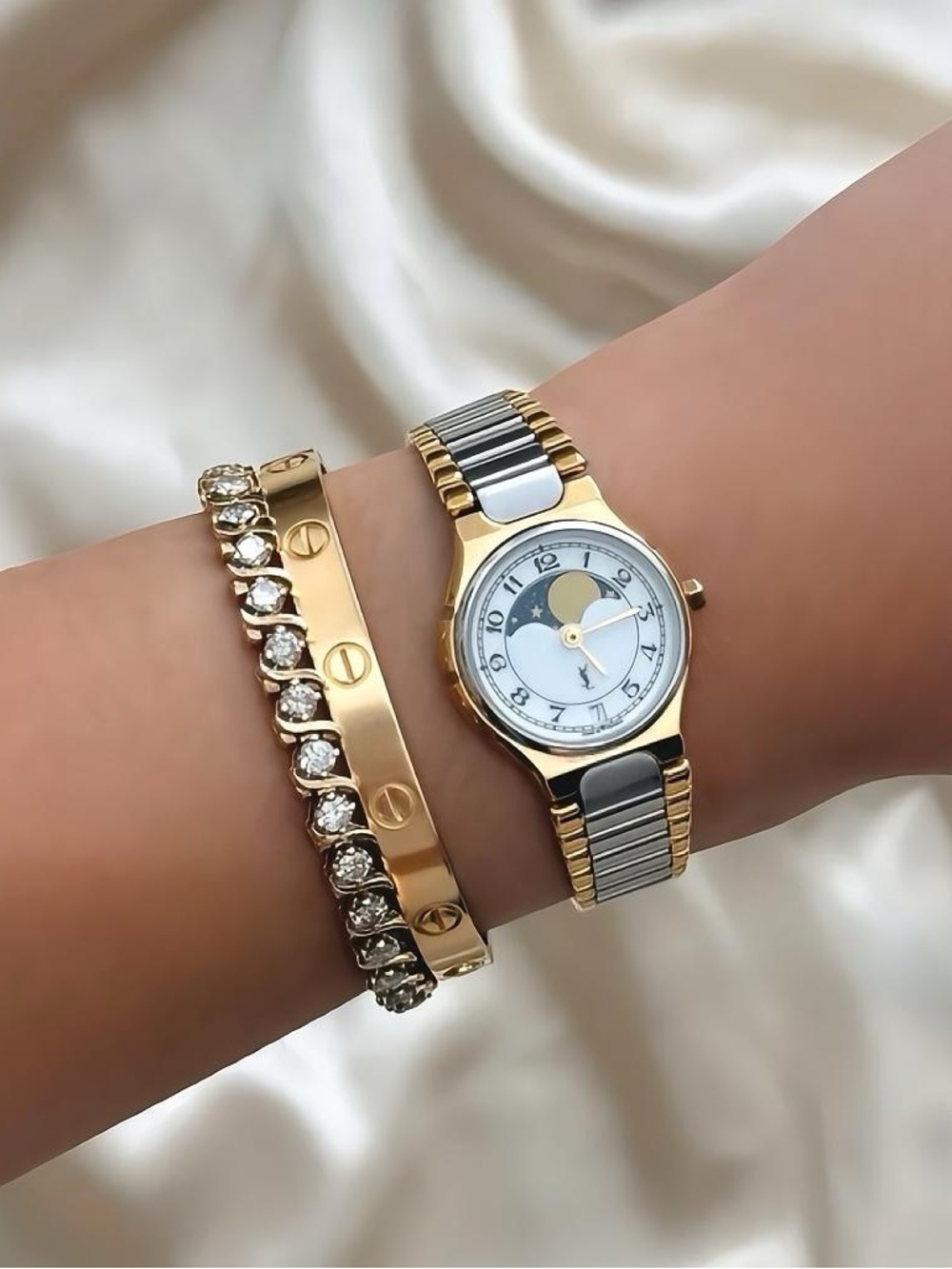 AUTHENTIC RARE VINTAGE YVES SAINT LAURENT MOONPHASE TWO-TONED WATCH